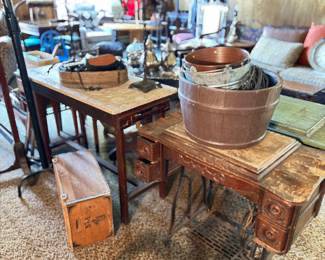 Tables, sewing machine table, buckets, wood boxes, coat tree