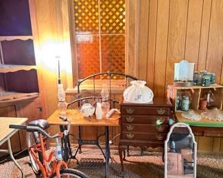 Bike, sewing table, 4 drawer cabinet, bedframe, mirror