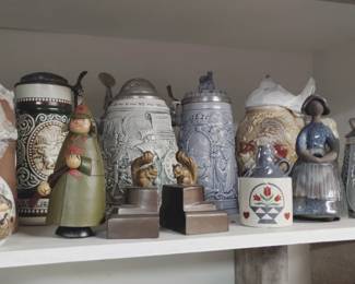 Pottery vase, Squirrel book ends, soldier vintage bobbing toy, Steins