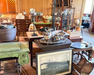 paintings, silver tea set, baskets, globe, 4 drawer furniture piece, coat rack, glass front cabinet