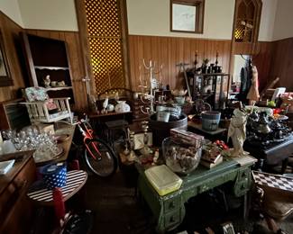 Sewing machine table, holiday items, chess set, Bike, silverware, silver tea set, child vintage chair