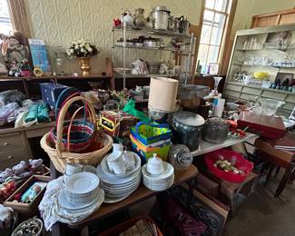 Household items, china, baskets, furniture