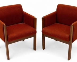 Lot 1074
Pair of Kimball International (American) Upholstered Oak Armchairs 20th Cen., 'Model #1124', H 31" W 23" Depth 24" 2 PCS