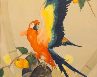 Lot 4014
Stark Davis (American, 1885-1950) Hollywood Regency Offset Lithograph 'Blue Macaw', H 23" W 23" Frame Size: H 33.5" W 33.5"