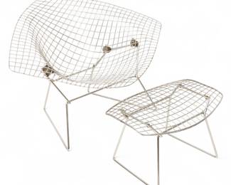 Lot 1058
Harry Bertoia (American, 1915-1978) for Knoll Chrome-plated Steel Large Diamond Chair and Bird Ottoman 2 PCS