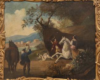 Lot 4008
English Oil on Canvas, Ca. 1840-1860, 'Hunting Party', H 22" W 25" Frame Size: H 34" W 41.25"