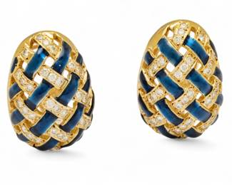 Lot 31
14k Yellow Gold, Diamond And Blue Enamel Huggie Earrings 1980, 11 g 1 PAIR