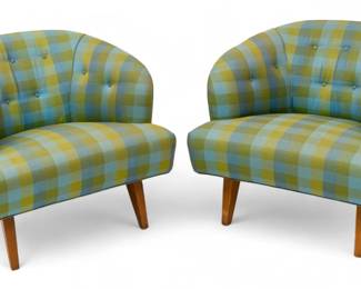 Lot 1068
Pair of Mid Century Barrel Back Lounge Chairs H 27" W 29.5" Depth 35.5" 2 PCS