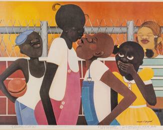 Lot 1038
Varnette Honeywood (American, 1950-2010) Lithograph in Colors on Wove Paper, 1979, 'Double Dare', H 18" W 25" Frame Size: H 26.75" W 32.75"