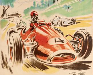 Lot 1047
After Géo Ham (Georges Hamel) (French, 1900-1972) Lithograph Poster, Mid 20th C., 'Grand Prix De Pau', H 59" W 45" Frame Size: H 65" W 50.5"