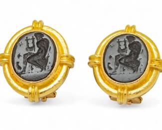 Lot 39
Elizabeth Locke (American, Est. 1988) 19K Yellow Gold And Cavallo Earrings, Figure with Harp, Clip Style H 1" 19 g