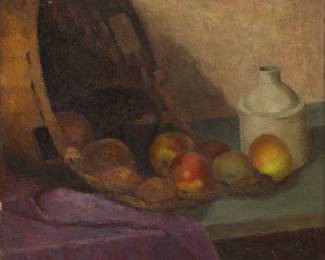 Lot 1008
James Richmond Barthe (USA, 1901-1989) Oil on Board 1928, 'Still Life of Jug and Apples', H 15" W 18" Frame Size: H 18" W 21"