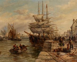 Lot 1006
William Edward Webb (English, 1862-1903) Oil on Canvas 1885, 'Brixham, NB Torquay', H 24" W 36" Frame Size: H 3" W 42"