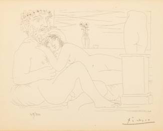 Lot 4023
After Pablo Picasso (Spanish, 1881-1973) Etching 1997, 'Sculpteur Au Repos Avec Son Modèle, Anémones Et Petit Torse', H 9.5" W 12" Frame Size: H 25.5"