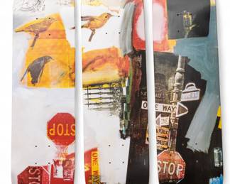 Lot 1034
Robert Rauschenberg (American, 1925-2008) Digital Print on Canadian Maple Wood 2017, 'Overdrive', H 32" W 8" 3 PCS