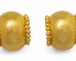 Lot 45
Elizabeth Locke (American, Est. 1988) 19K Gold Signed Earrings, Beaded Edge L 1" 23 g 1 PAIR