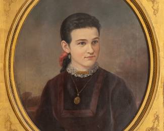 Lot 4018
William Ver Bryck (American, New York/Wisconsin, 1823-1899) Oil on Canvas, 1879, 'Portrait of a Woman', H 27" W 22" Frame Size: H 36" W 31"