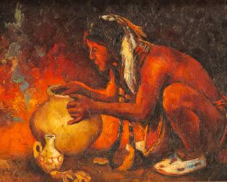 Lot 4011
After Eanger Irving Couse (American, 1866-1936) Oil on Canvas 'Making Pottery', H 4.75" W 7" Frame Size: H 9" W 11" Depth 2"