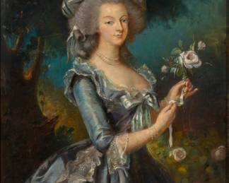 Lot 1004
After Elisabeth Louise Vigee Le Brun (French, 1755-1842) Pastel on Canvas, Ca. 1900, 'Marie Antoinette with a Rose', H 43" W 33" Frame Size: H 53" W 3