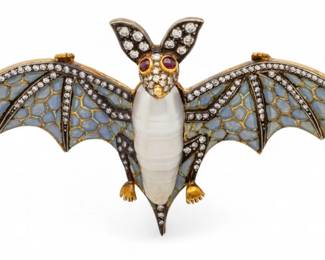 Lot 41
Gold, Diamond, Biwa Pearl, and Enamel Bat Form Brooch W 3" 21 g 1 PC