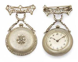 Lot 1
Haas (Geneva, Swiss) Platinum And Diamond Brooch/Watch 1910, SN: 55696, Dia. 25.5mm 19 g 1 PC