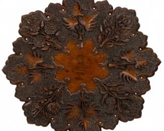 Lot 4002
Indian Hand Carved Wood Cocktail Table, Collapsible Base H 22" Dia. 30"