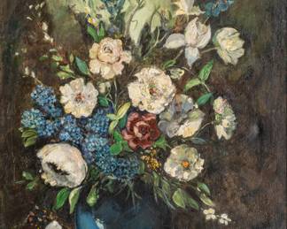Lot 4019
Bearing Signature Marie Wagner, Oil on Canvas 20th C., 'Spring Flowers in a Blue Vase', H 32" W 26" Frame Size: H 37" W 31"