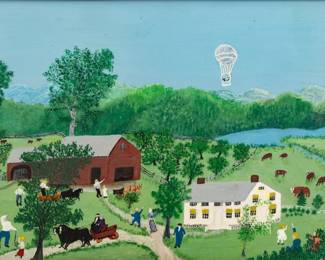 Lot 1005
Grandma Moses (Anna Mary Robertson) (American, 1860-1961) Oil on Masonite, 1957, 'Balloon Landing in Cambridge, 1806', H 16" W 24" Frame Size: H 25.25