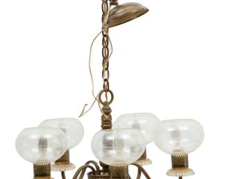 Lot 4004
American Modern Brass and Glass Five Light Chandelier, H 14" Dia. 19"