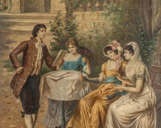 Lot 4020
Signed L. Hauser, Oil on Canvas, Ca. 1900, 'Courtyard Serenade', H 36.5" W 25.5" Frame Size: H 43" W 32"