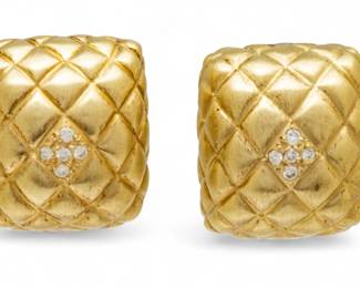 Lot 56
Raafty 14k Yellow Gold Quilted Design with Diamonds Earrings H 0.75" 18 g 1 PAIR