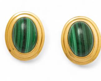 Lot 32
14K Gold PBD And Malachite Oval Stud Earrings 1980, W 1" 12 g 1 PAIR