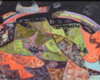 Lot 1050
Edward Chavez (American) Oil on Canvas 1945, 'Midnight Rainbow', H 10.25" W 16.25" Frame Size: H 16.125" W 22.25"