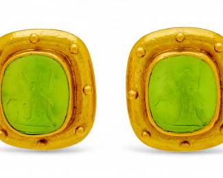 Lot 43
Elizabeth Locke (American, Est. 1988) 18K Yellow Gold And Green Crystal Cavetto Earrings Figure with Daggar And Horse, Clip Style H 1" 22 g