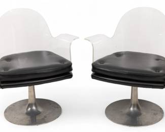 Lot 1066
Pair of Vladimir Kagan Style Mid-Century Modern Acrylic and Aluminum Swivel Chairs 20th Cen., H 30" W 29" Depth 31" 2 PCS