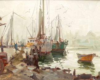 Lot 1010
Paul Strisik (American, 1918-1998) Oil on Artist Board 'Gloucester Harbor', H 12" W 16" Frame Size: H 18" W 23"