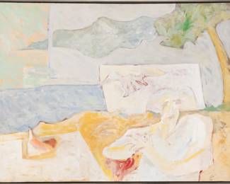 Lot 1052
Bruce E. Smith (American, B. 1943) Acrylic on Canvas, 1969, 'Beach with Two Figures', H 36" W 48" Frame Size: H 37" W 49"