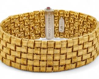 Lot 53
Roberto Coin (Italian) 18K Yellow Gold Woven Bracelet, Diamond Clasp W 1.8" L 7.5" 106 g 1 PC
