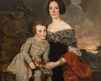 Lot 1003
British Oil on Canvas, Ca. 1840, 'Portrait of a Mother and Son', H 56" W 44" Frame Size: H 62.5" W 50.5"