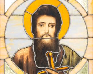 Lot 4003
Leaded Stained Glass Window 1920, H 21" W 20" Frame Size: H 26" W 26"