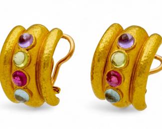 Lot 48
Elizabeth Locke (American, Est. 1988) 19K Yellow Gold Earrings, Four Cabochon Jewels H 1" 21 g 1 PAIR