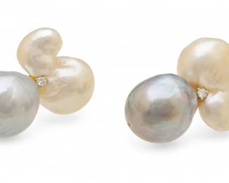 Lot 66
Baroque White And Grey Pearl Ear Clips, 14K White Gold , Diamond at Center