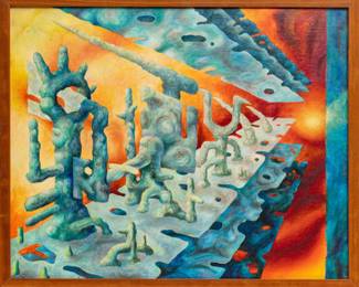 Lot 1051
John Franklin Hawkins (American) Oil on Canvasboard, 20th Century, 'Age of Anxiety', H 16" W 20.5" Frame Size: H 17" W 21"