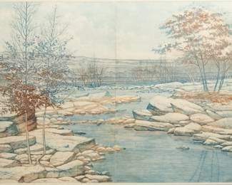 Lot 4016
Franklin Galambos (American, 1944-2018) Work on Paper 'Rock Creek, West Virginia', H 35" W 46" Frame Size: H 43" W 54"