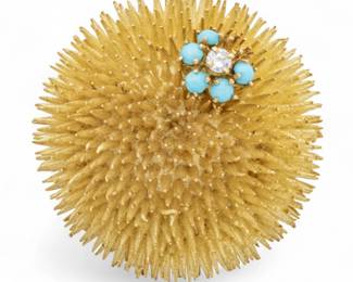 Lot 26
Tiffany & Co (NY) 18K Yellow Gold Sea Urchin Brooch, Diamond & Turquoise Beads Dia. 1.3" 41 g