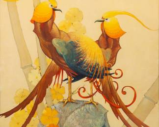 Lot 4013
Stark Davis (American, 1885-1950) Hollywood Regency Offset Lithograph 'Golden Phesants', H 23" W 23" Frame Size: H 33.5" W 33.5" Depth 1"