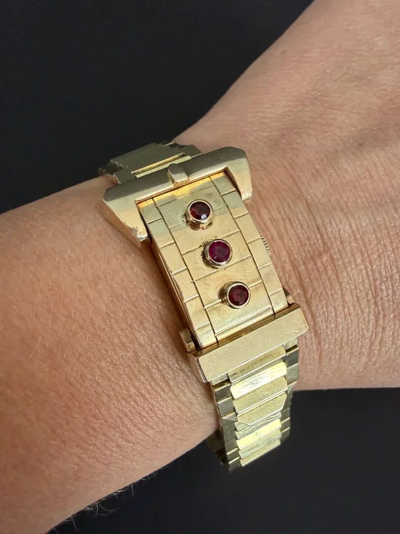 001 Art Deco 14K Gold Perraux Hidden Dial Watch Garnet  Ruby Accents, 49.2g