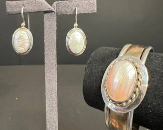 Sterling Silver 925 Cuff Bracelet Drop Earrings with Mother of Pearl
