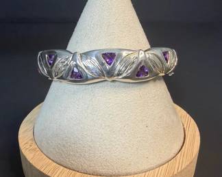 Sterling Silver Amethyst Bangle Bracelet 925 Cast Design with Triangular Stones