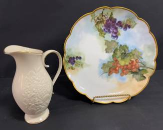 Antique HandPainted Porcelain Plate 1906 and Lenox Embossed Cream Pitcher